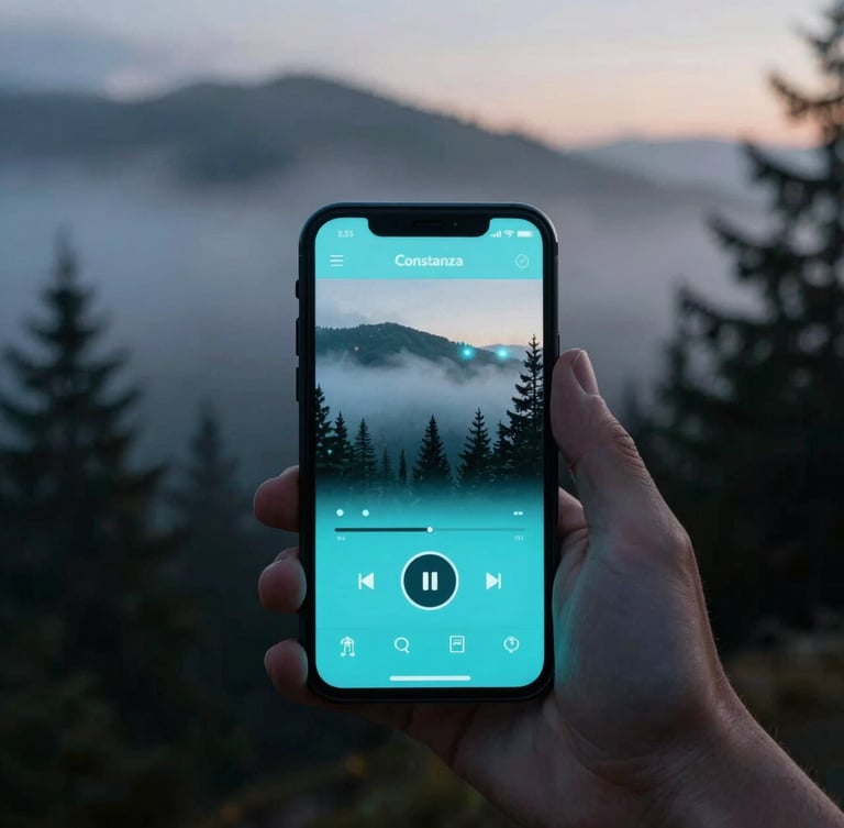 A close-up of a hand holding a modern smartphone displaying a sleek radio app interface, with the misty pine forests of Constanza softly blurred in the background, cool twilight lighting with cyan accents