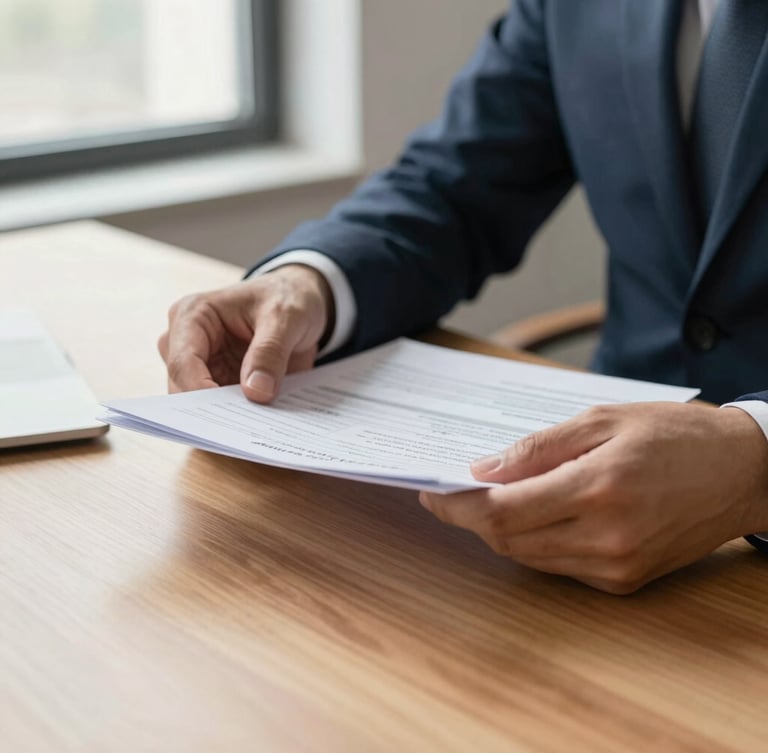 Close-up of hands reviewing physical financial reports on a solid wood desk, soft side-lit window light, professional corporate setting, warm tones