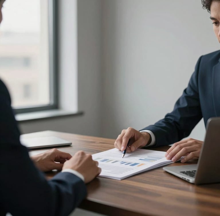 Editorial corporate photography, soft natural window light, a modern minimalist office in Madrid with clean lines, hands reviewing a financial report on a dark oak desk, professional atmosphere.