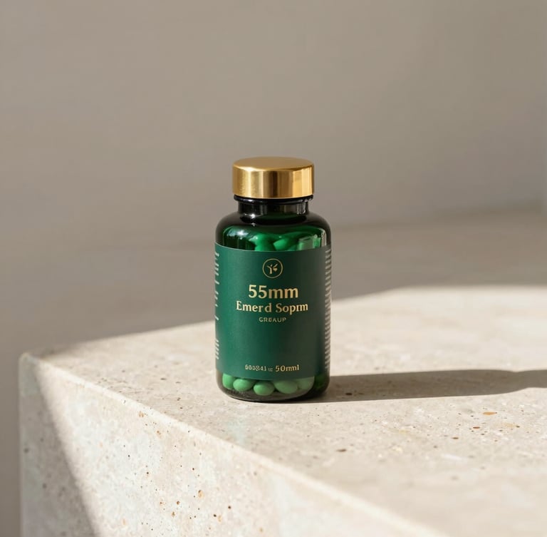 Warm editorial product photography of a premium emerald green supplement glass bottle on a sunlit stone counter, natural shadows, gold accents, 50mm