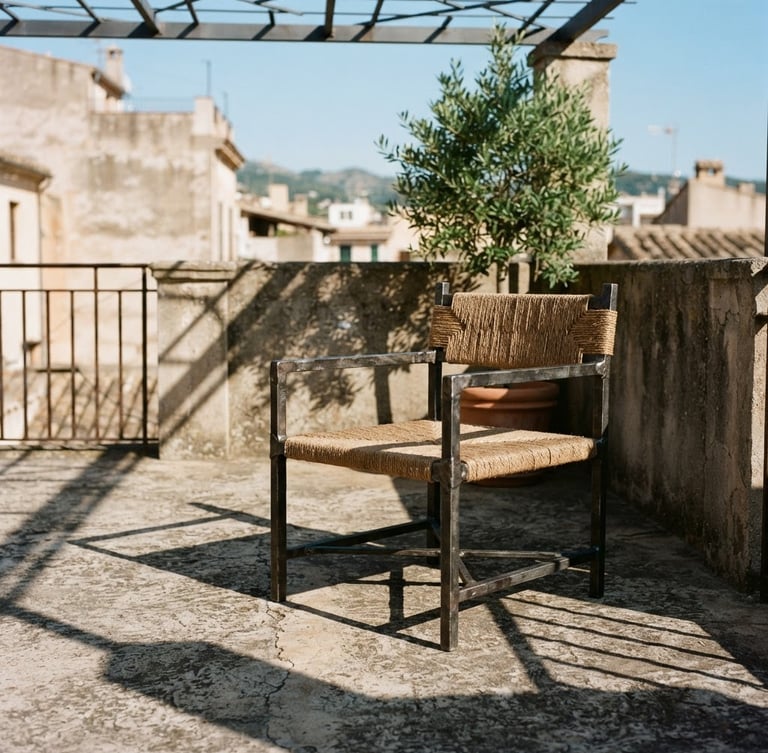 Architectural editorial photography of a heavy charcoal iron accent chair on a weathered concrete balcony, sharp afternoon sunlight casting geometric shadows, 35mm