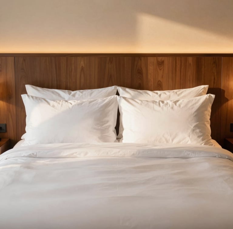 Sun-drenched luxury hotel suite bedroom with crisp white linens, walnut wood headboard, soft warm ambient lighting, portrait framing
