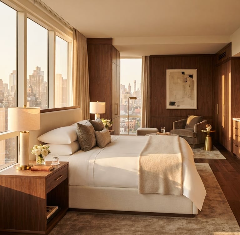 Wide environmental shot of a sun-drenched luxury hotel suite at Hotel Vishal, crisp premium linens, warm golden-hour window light, walnut wood paneling, elegant brass accents, shallow depth of field