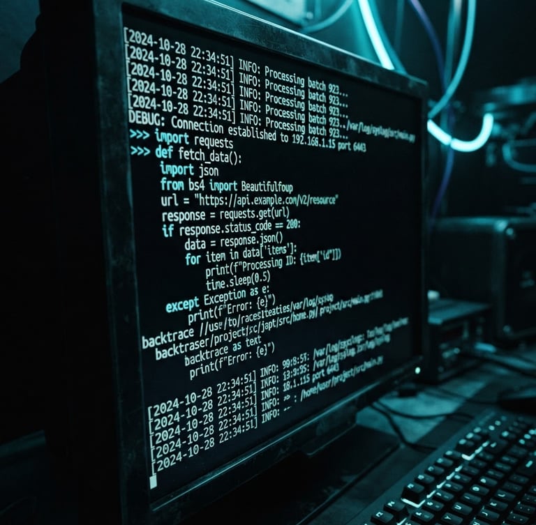 Macro close-up of a high-contrast terminal interface showing complex system logs and python code, cool electric cyan neon backlighting, dark moody developer workspace, 35mm lens