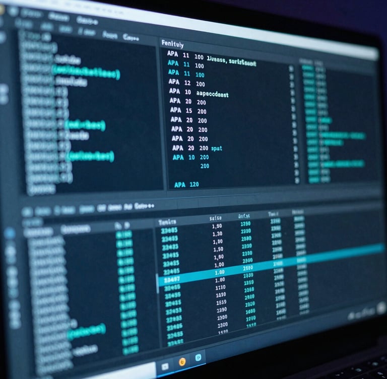 Macro close-up of a terminal screen showing complex debugging logs and API latency metrics in cool cyan and slate tones, dark developer workspace setting