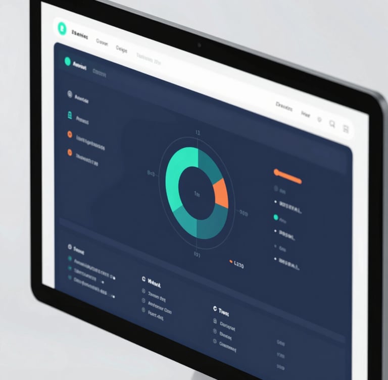 A close-up of a modern clean data dashboard on a screen, bright daylight reflecting softly, minimalist layout with teal and orange accents, professional environment.