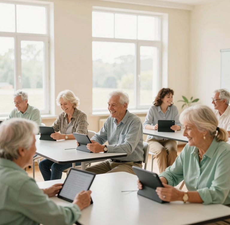A bright and spacious classroom with seniors sitting comfortably at tables with tablets, smiling and chatting, warm daylight streaming through large windows, soft cream and sage green tones