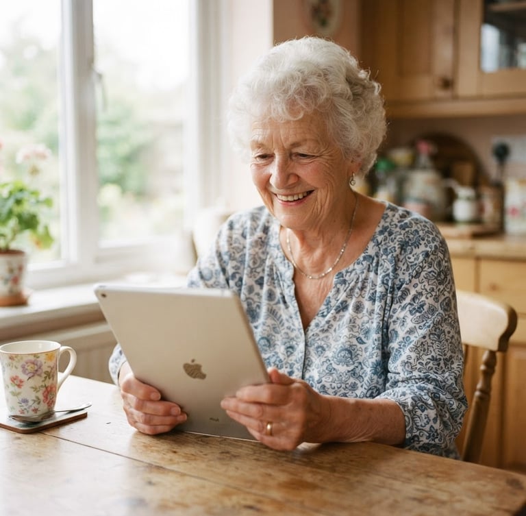 A close-up of a smiling senior woman in her late 70s sitting at a warm wooden kitchen table, looking happily at a tablet screen, soft natural window light illuminating her face, warm pastel home environment, 35mm photography