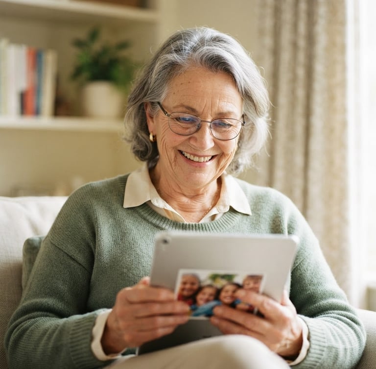 A warm close-up of a senior woman smiling as she looks at a tablet screen, soft natural daylight, warm cream and sage green tones, shallow depth of field, authentic lifestyle photography