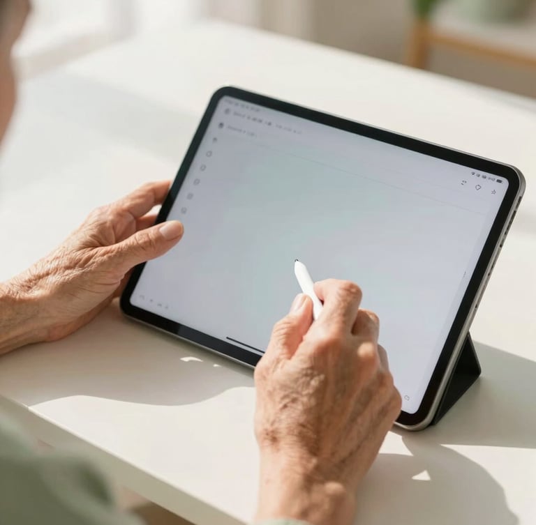 Hands of an older adult holding a stylus, gently navigating a tablet showing a simplified, large-font AI interface, warm morning sunlight, soft sage green accents, 35mm