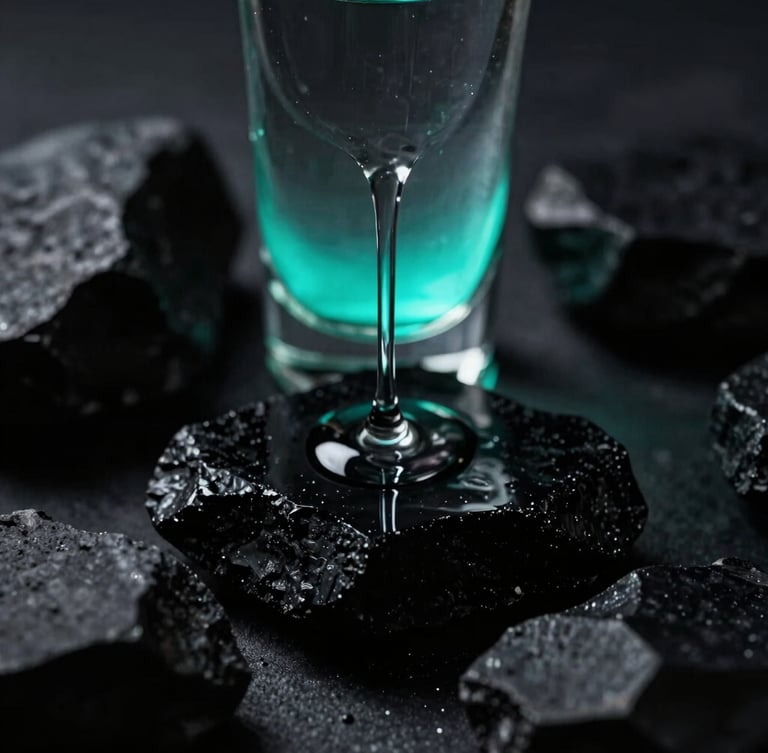 Macro photography of clear liquid tequila dripping slowly over sharp, glossy black obsidian stone, deep shadows, subtle cyan backlighting, high-contrast, 35mm