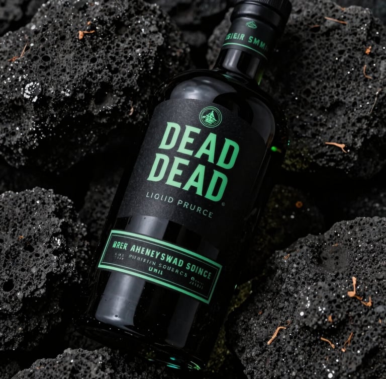 Extreme close-up of a heavy black glass bottle of Liquid Dead tequila, resting on raw textured volcanic rock, single-source key light, subtle electric green neon glow, 35mm
