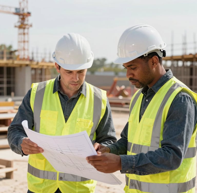 Documentary shot of two diverse adult learners in safety gear collaborating over a blueprint on a bright construction site, natural daylight, warm realistic tones, 35mm