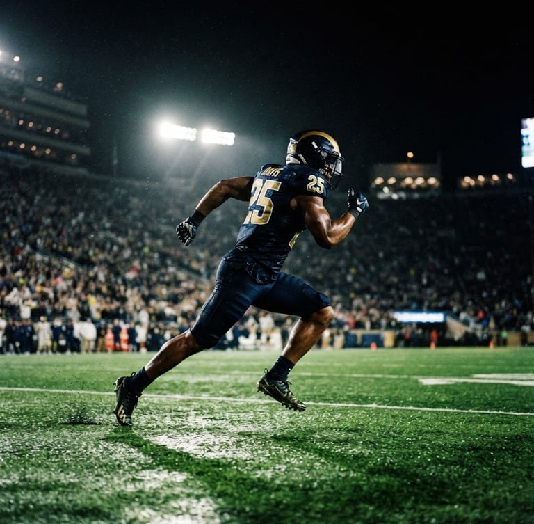 Low-angle heroic shot of a football player sprinting under dramatic stadium floodlights, dark atmospheric background, electric green turf reflections, 35mm