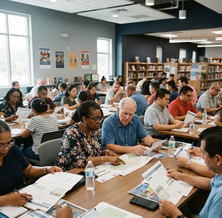 Wide shot of a community safety awareness workshop in a brightly lit Georgia library, diverse local residents sitting at tables reviewing printed emergency plans, natural daylight, candid 35mm lens