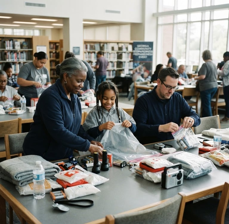 Candid 35mm documentary photo of Georgia community members assembling emergency readiness kits inside a brightly lit public library, natural daylight.