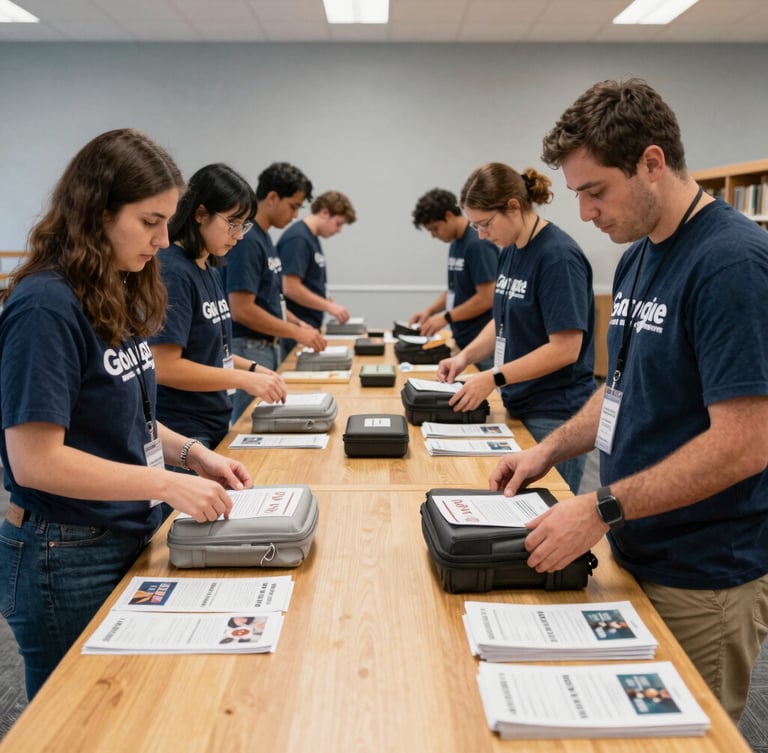Candid documentary style photo of Georgia community volunteers in a brightly lit local library, organizing emergency preparedness kits and safety brochures on long wooden tables.