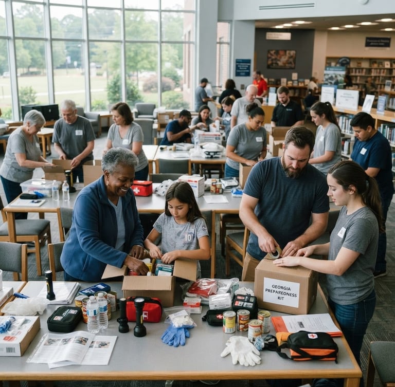 Wide-angle documentary shot of Georgia community members in a brightly lit library assembling emergency readiness kits, natural daylight, focused and collaborative mood.