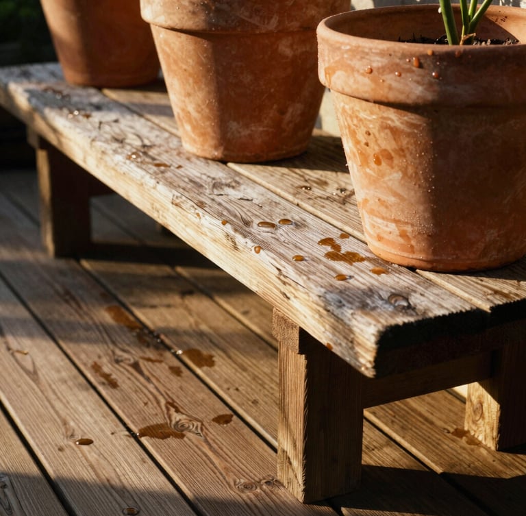 Close-up of weathered timber bench holding heavy terracotta pots on a textured cedar deck, water droplets pooling on the wood grain, golden hour light