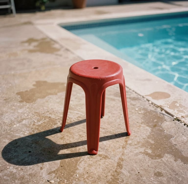 Medium format film photo of a crimson resin stool sitting on wet concrete next to a saltwater pool, harsh midday sun casting sharp geometric shadows