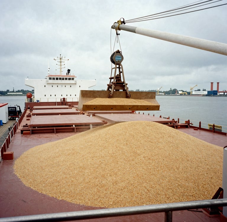 Wide environmental logistics shot of a bulk cargo ship being loaded with grain at an industrial port, overcast natural daylight, desaturated earth tones, 35mm.