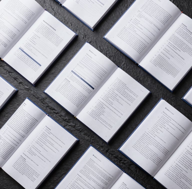 Top-down flat lay of highly structured, beautifully typeset technical manuals and corporate reports on a dark slate surface, sharp geometric alignment, crisp studio lighting