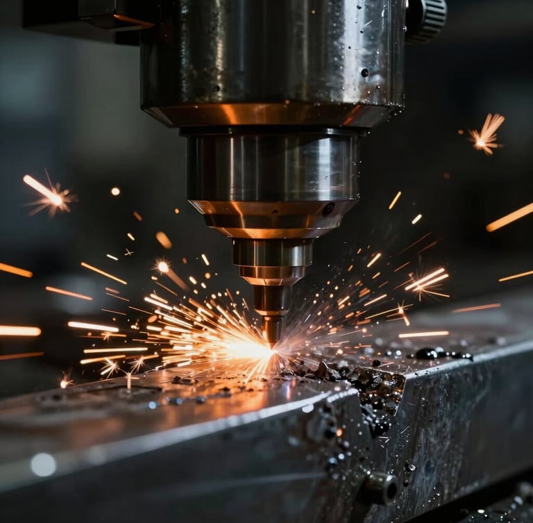 Dramatic close-up of a high-precision CNC milling head cutting raw steel with intense coolant spray and bright orange sparks, dark atmospheric background, low-key lighting.