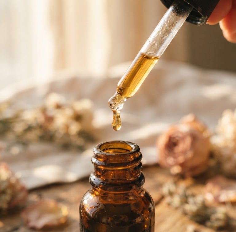 Close-up of botanical oil slowly dripping from a glass dropper, warm golden-hour window light, muted cream and blush tones, shallow depth of field, 35mm