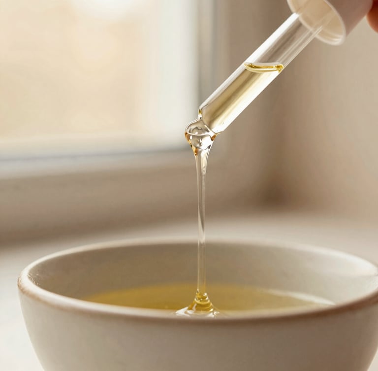 Macro detail of botanical oil dripping from a glass dropper into a ceramic bowl, soft warm golden-hour window light, muted cream and blush tones, shallow depth of field, 35mm