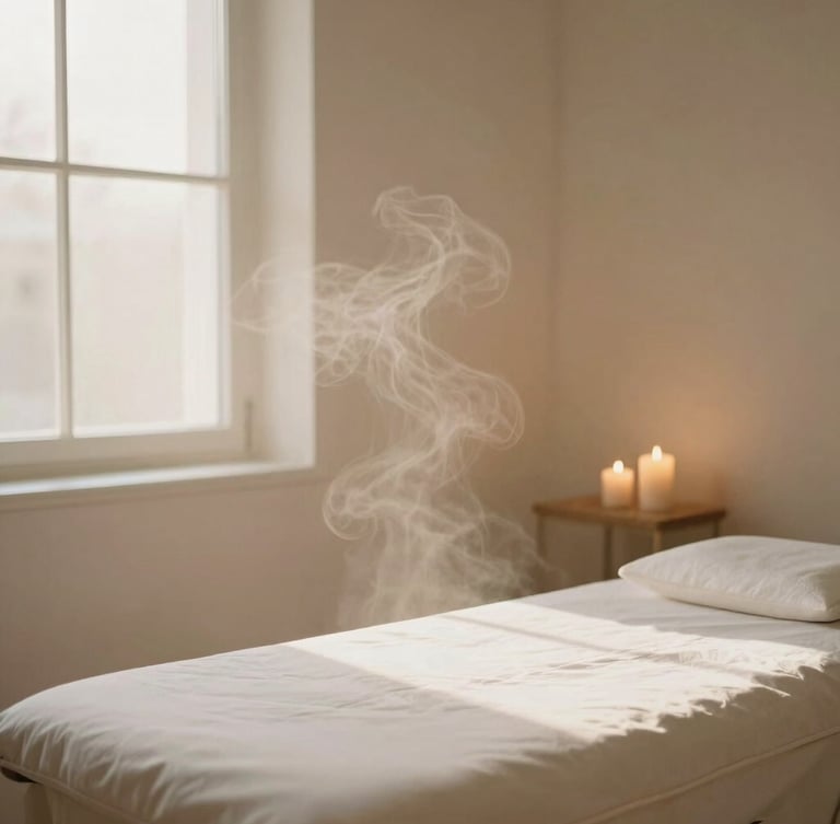 Soft steam rising in a dimly lit treatment room, gentle candlelit glow, warm-toned minimalist editorial style, 35mm