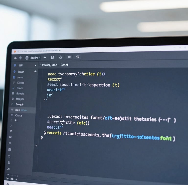 Macro shot of a high-resolution code editor displaying clean, structured React syntax under crisp, cool daylight studio lighting.