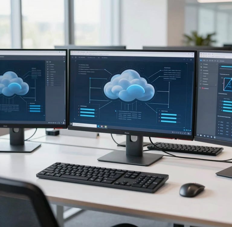 A bright, clean modern software engineering workspace with multiple monitors displaying architectural cloud diagrams, cool blue tones, natural daylight.