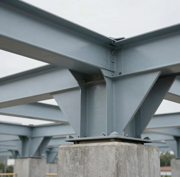 Sharp close-up of structural steel joists and concrete foundation under overcast daylight, desaturated cool tones, professional depth of field