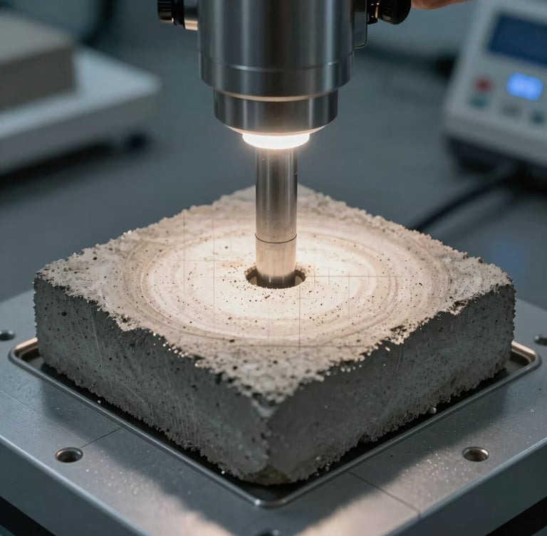 Macro extreme close-up of a concrete core sample being tested for carbonatation in a laboratory, technical grid overlay, sharp overhead lighting.