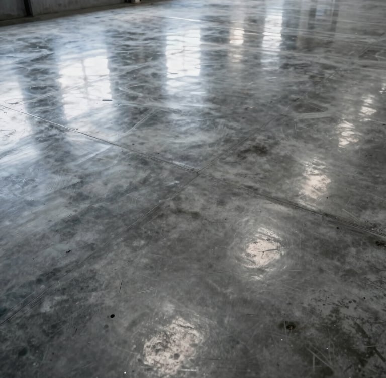 High-contrast overhead shot of a flawless polished concrete floor reflecting industrial warehouse lights, sharp joints.