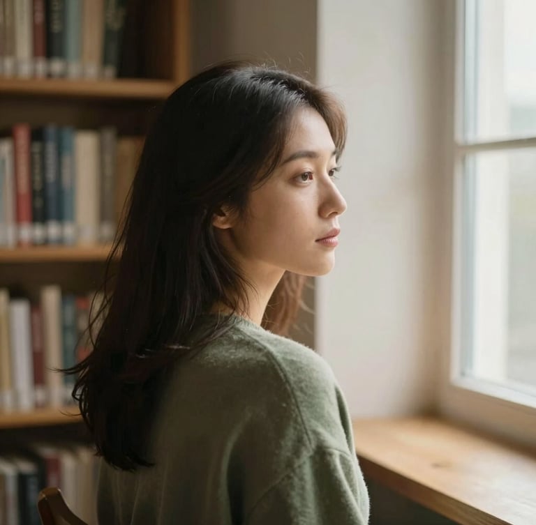 Portrait de profil d'une femme sereine, regard tourné vers la lumière douce d'une fenêtre, arrière-plan flou de bibliothèque en bois clair, tons chauds et apaisants.