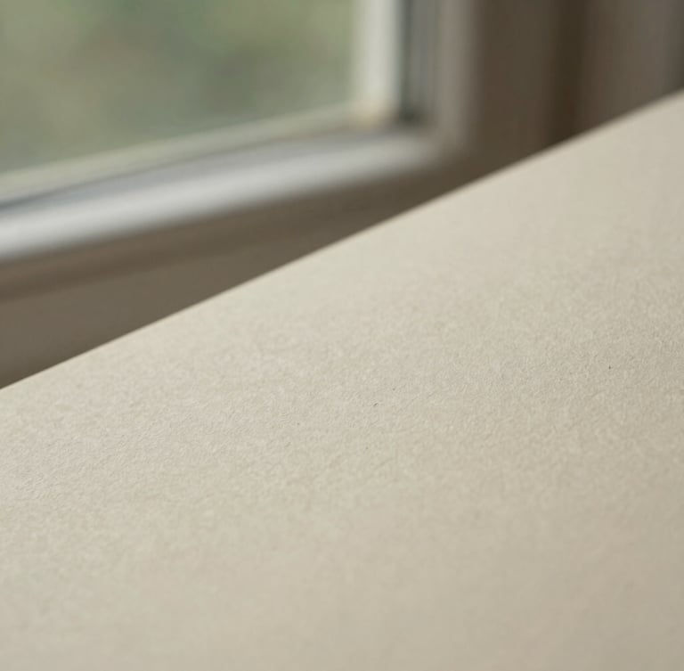 Macro close-up of soft textured paper under warm morning window light, shallow depth of field, muted cream tones