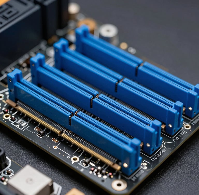 Macro close-up of a server motherboard, clean electric blue lighting, sharp focus on RAM slots, dark metallic background.