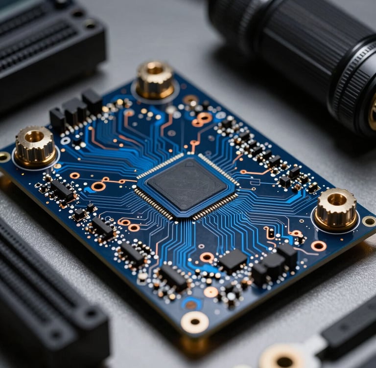 Macro technical shot of high-end corporate workstation components, deep navy circuit boards, surgical electric blue copper traces, sharp studio lighting.