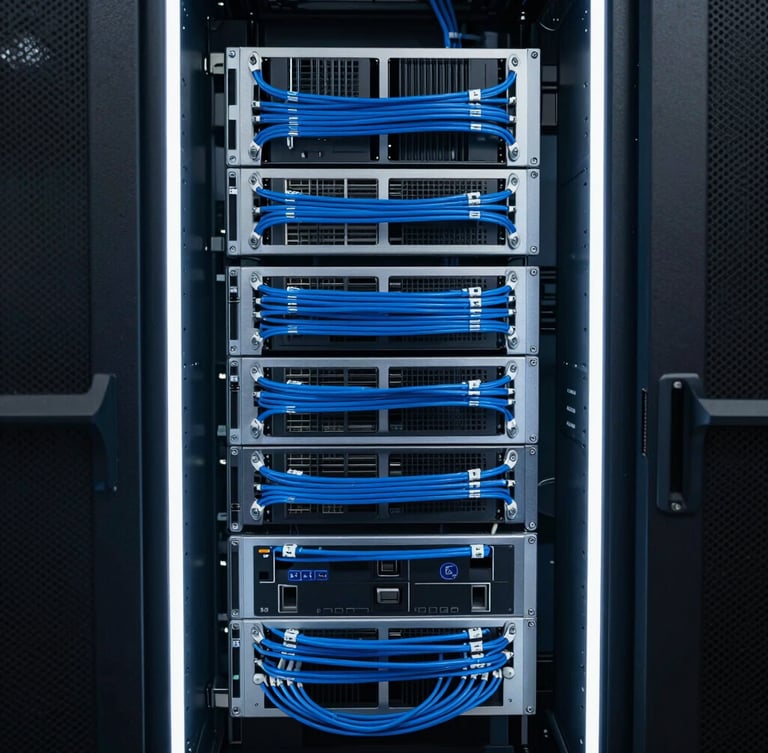 Symmetrical portrait of a clean enterprise server rack with blue cabling, surgical white rim light, cool-toned tech-noir style.