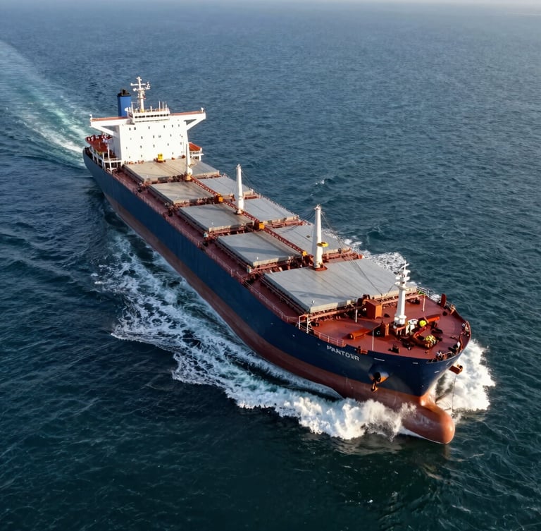 Aerial drone shot of a massive Panamax bulk carrier cutting through deep blue ocean water, white wake trailing behind, dramatic morning light