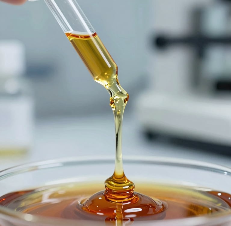 Macro close-up of amber-colored viscous palm oil dripping from a glass pipette in a highly controlled, sterile laboratory environment, cold lighting