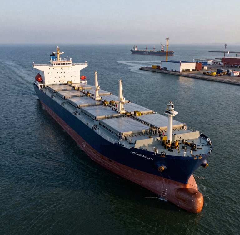 Wide aerial view of a massive Panamax bulk carrier vessel docked at a high-volume deepwater industrial berth during a cold maritime dawn, high-contrast lighting, dramatic scale.