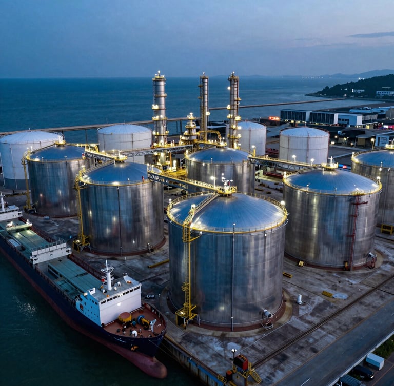Aerial view of a massive deepwater chemical terminal at dusk, towering stainless steel storage tanks reflecting cold blue light, cargo vessel docked.