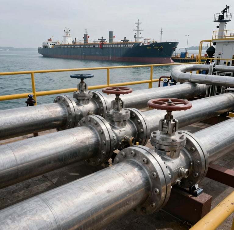 A high-angle close-up of heavy industrial stainless steel pipes and valves on a modern liquid bulk terminal docks, overcast daylight, cold maritime atmosphere