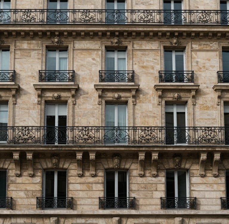 Symmetrical architectural elevation of a historic Parisian stone facade, detail of hand-carved limestone and dark wrought-iron balconies, soft overcast daylight emphasizing texture.