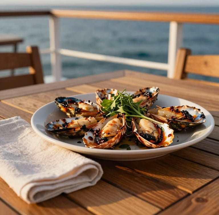 Close-up of fresh grilled seafood and local herbs on a teak dining table on the aft deck, warm golden-hour light, sun-bleached linen napkin, shallow depth of field