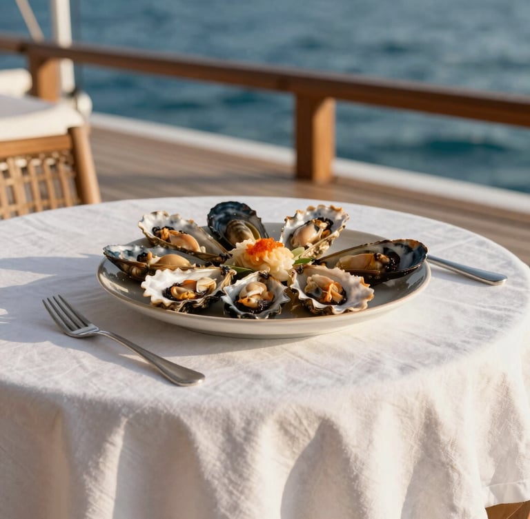 Close-up of an intimate dining setup on a sun-drenched teak aft deck, fresh local seafood and white linen under soft coastal light.