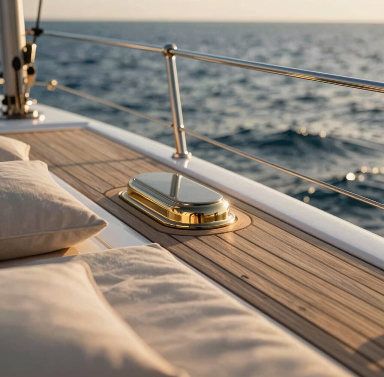 Close-up of a modern catamaran's sun-drenched teak deck, warm golden-hour coastal light reflecting on polished brass, soft linen cushions in the foreground, shallow depth of field.