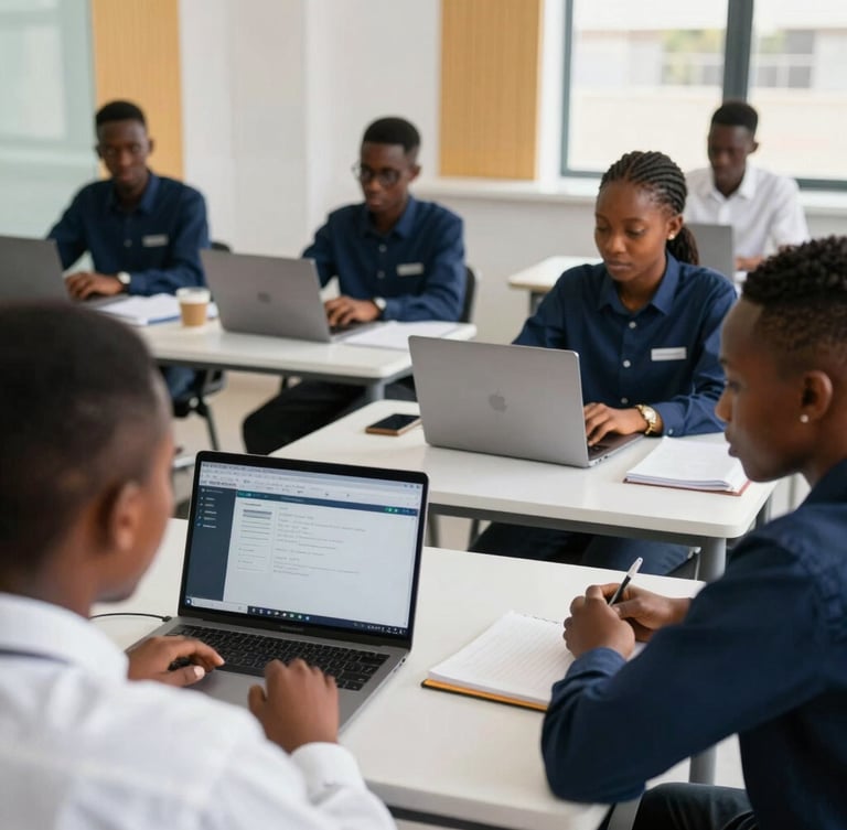Over-the-shoulder shot of a modern smart classroom in Nigeria, students with laptops collaborating, bright daylight, professional atmosphere, 35mm
